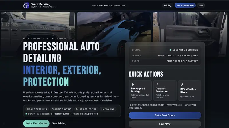Gsudz Detailing homepage with service packages