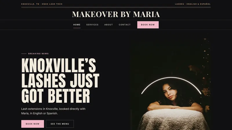Makeover by Maria homepage with the newspaper-style headline Knoxville's Lashes Just Got Better beside a portrait of Maria