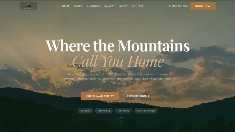 Mountain Inn homepage showing the new brand and room booking options