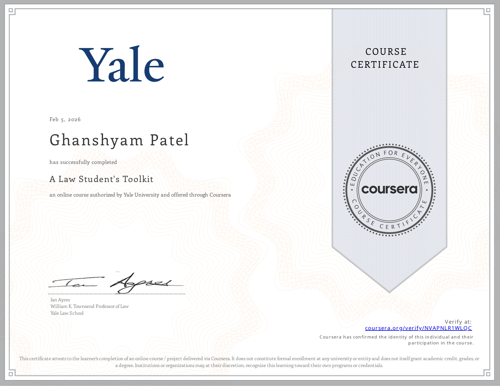 Yale certificate